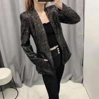 new sequin buttonless collarless blazer 2021 women simple fashion casual office blazer suit black indie streetwear work clothing