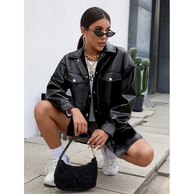 New chic Women oversized PU leather blouses 2022 Spring Autumn  Faux Leather Basic Coat Turn-down Collar Motor Biker Jacket