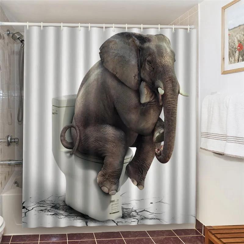 

Waterproof Bath Curtains 100% Polyester Fabric Shower Curtain Thinking Elephant Printed Home Decoration Background Screen Decor