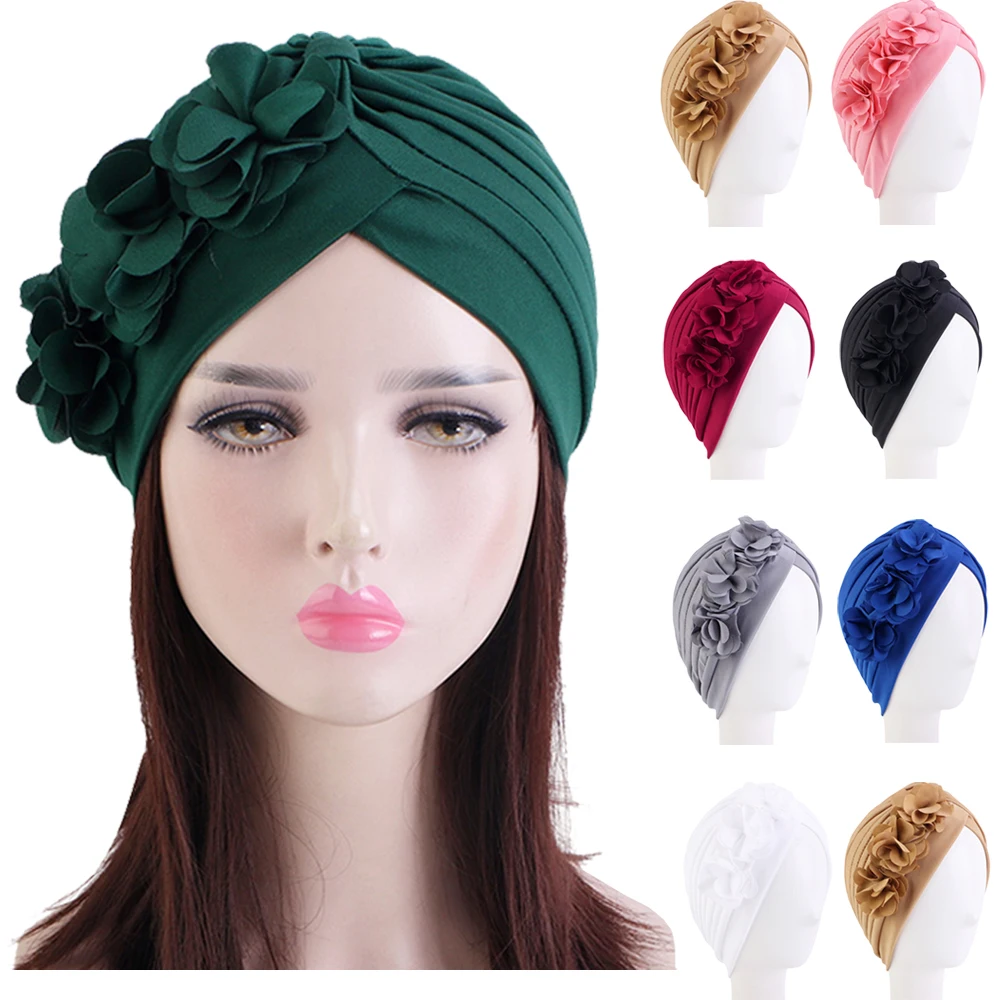 

Flower Ruffle Turban Caps Women Hats African Headwrap Caps Plain Floral Bonnet Muslim Ladies Hijab Veil Femme Musulman Islam Cap