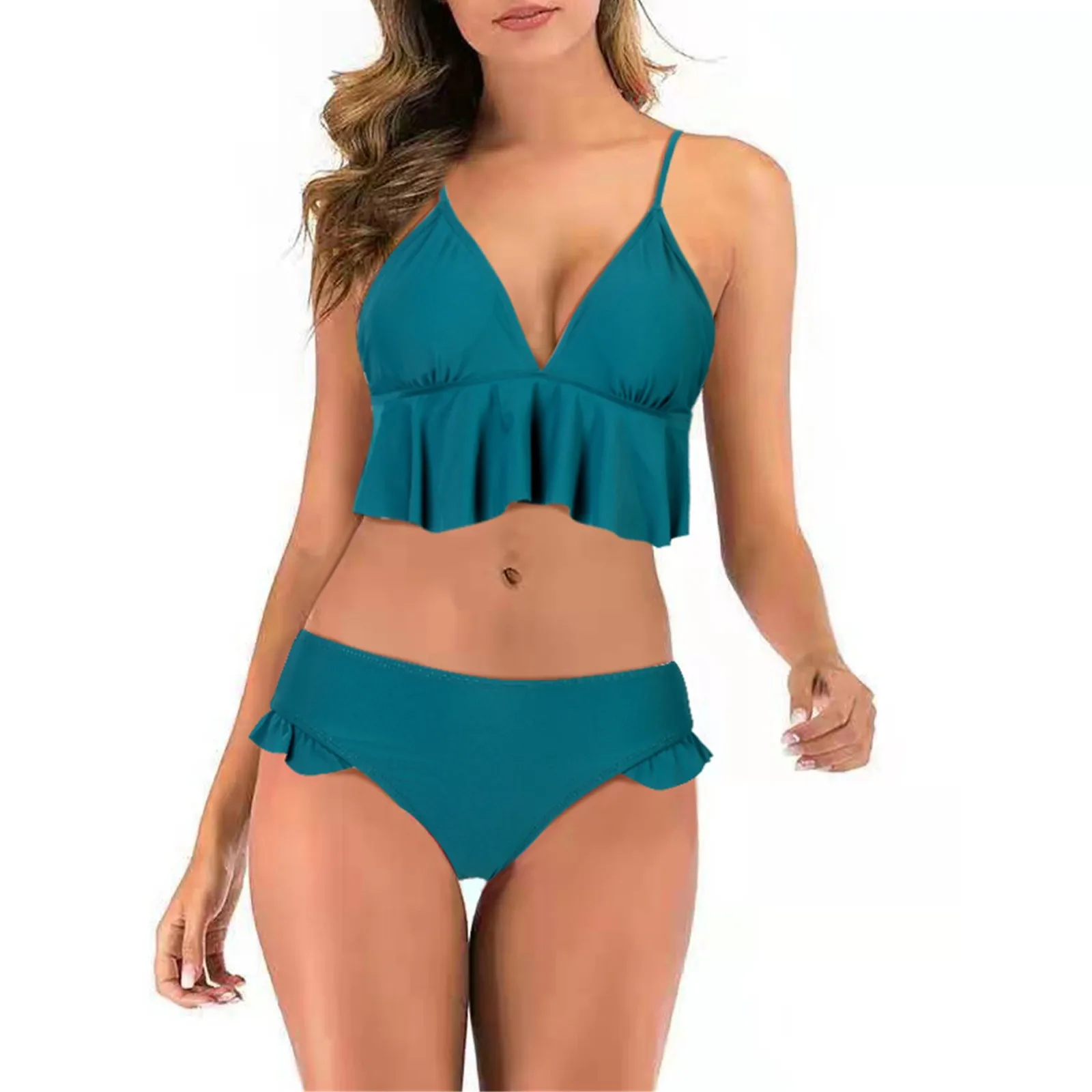 

Размера плюс однотонное бикини с высокой талией с эффектом пуш-ап, женские купальники с оборками, новый купальный костюм с разрезом, Бразиль...