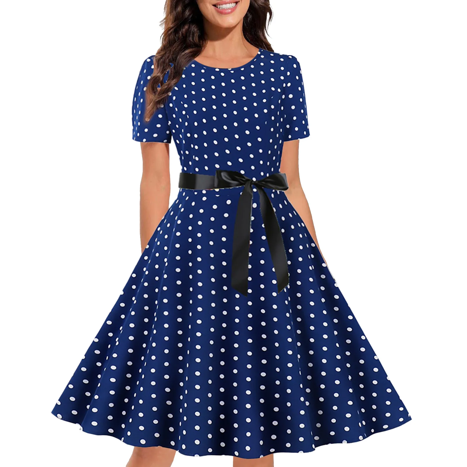 

Винтажное платье-трапеция с принтом, коротким рукавом и круглым вырезом