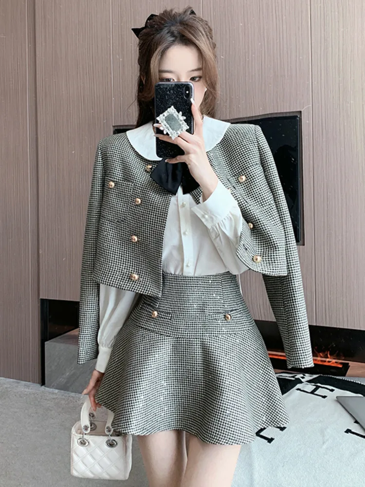 

High Quality Y2K Sequin French Fashion Small Fragrant Tweed Two Piece Set Women Short Jacket Coat + Skirt Suits Conjuntos Cortos