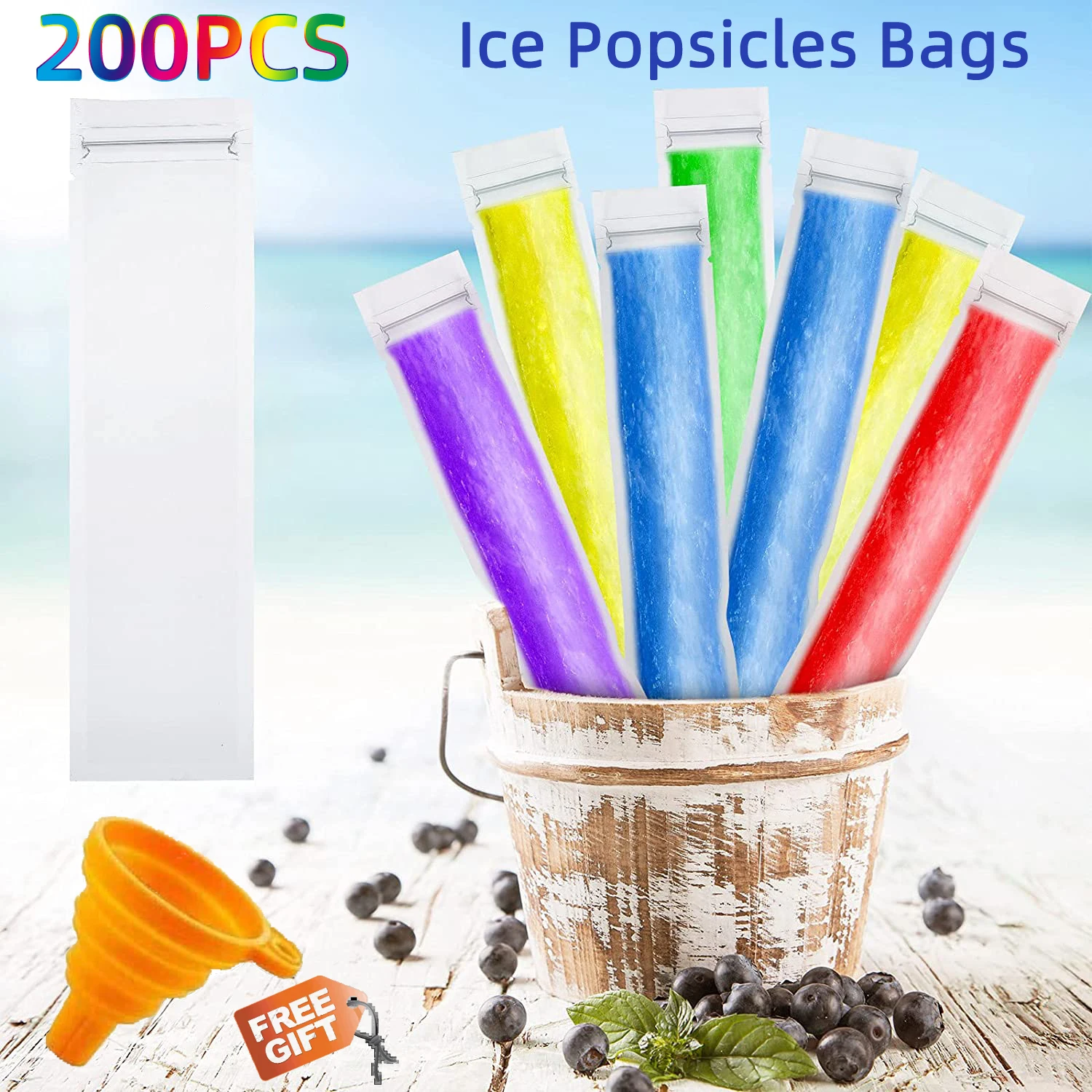 

200 Pcs Disposable Ice Popsicle Mold Bags BPA Free Zip Seals Pop Pouches with A Funnel for Yogurt Ice Cream Candy Party Favors