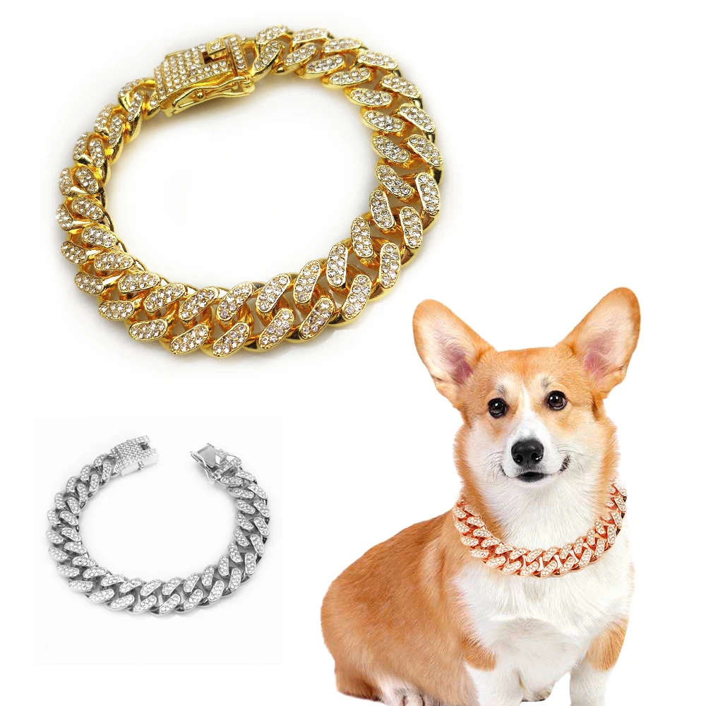 Rhinestone Dog Chain Collar Metal Strong Gold Cuban Link Dog Necklace Luxury Stainless Steel Puppy Cat Chain Collar Dog Jewelry
