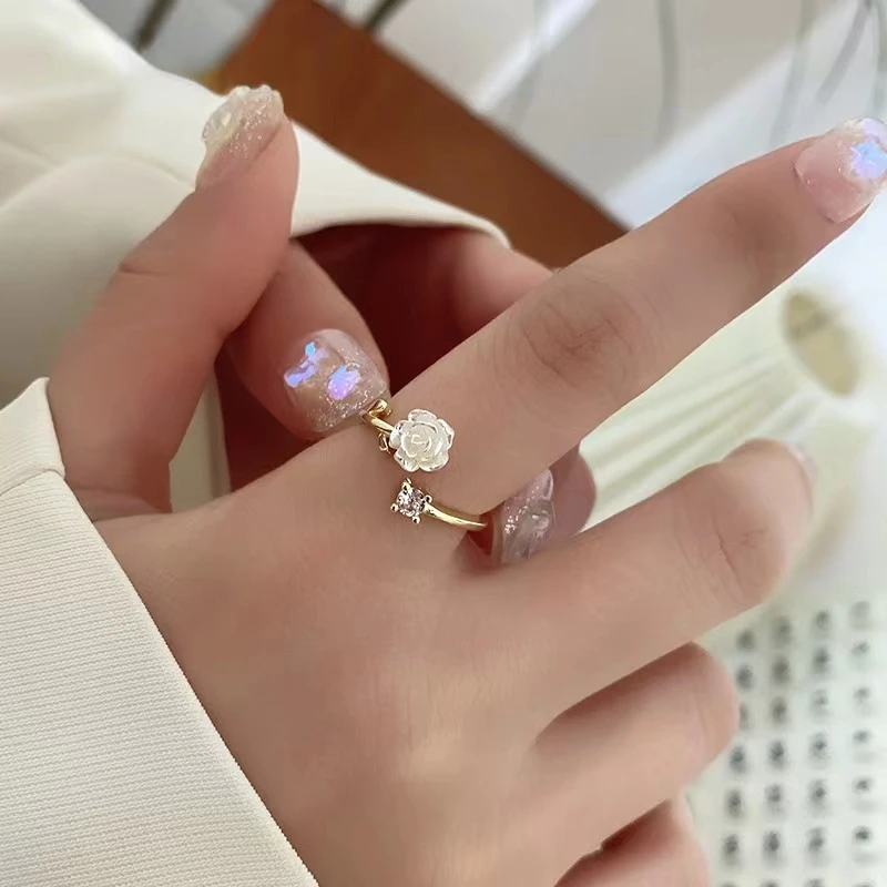 

Romantic Camellia Open Ring Female Adjustable Niche Design Sense of Fashion Personality Senior Sense of Index Finger Ring