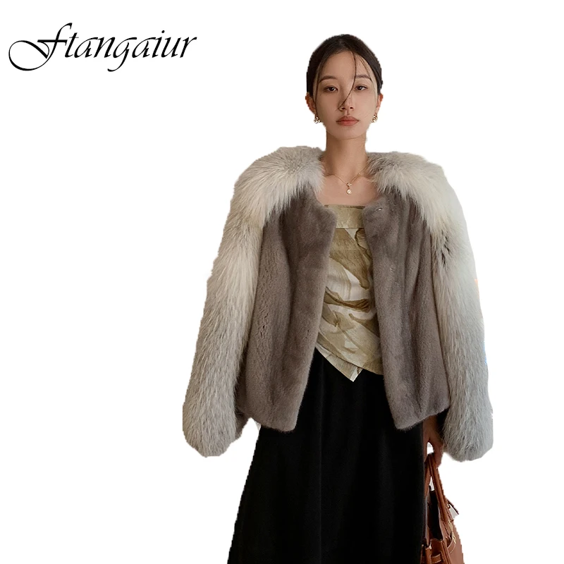 

Ftangaiur Winter Import Purple Standard Velvet Mink Fur Coat Women With Fox Fur Sleeve Short Loose Natural Real Mink Fur Coats