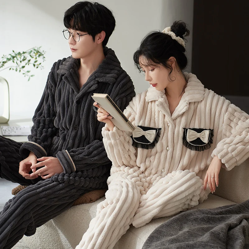 QUHENG New Flannel Pajamas for Couple Fashion Home Clothing Winter Warm Sleepwear Soft Man and Women's Pyjamas for Youth Couple