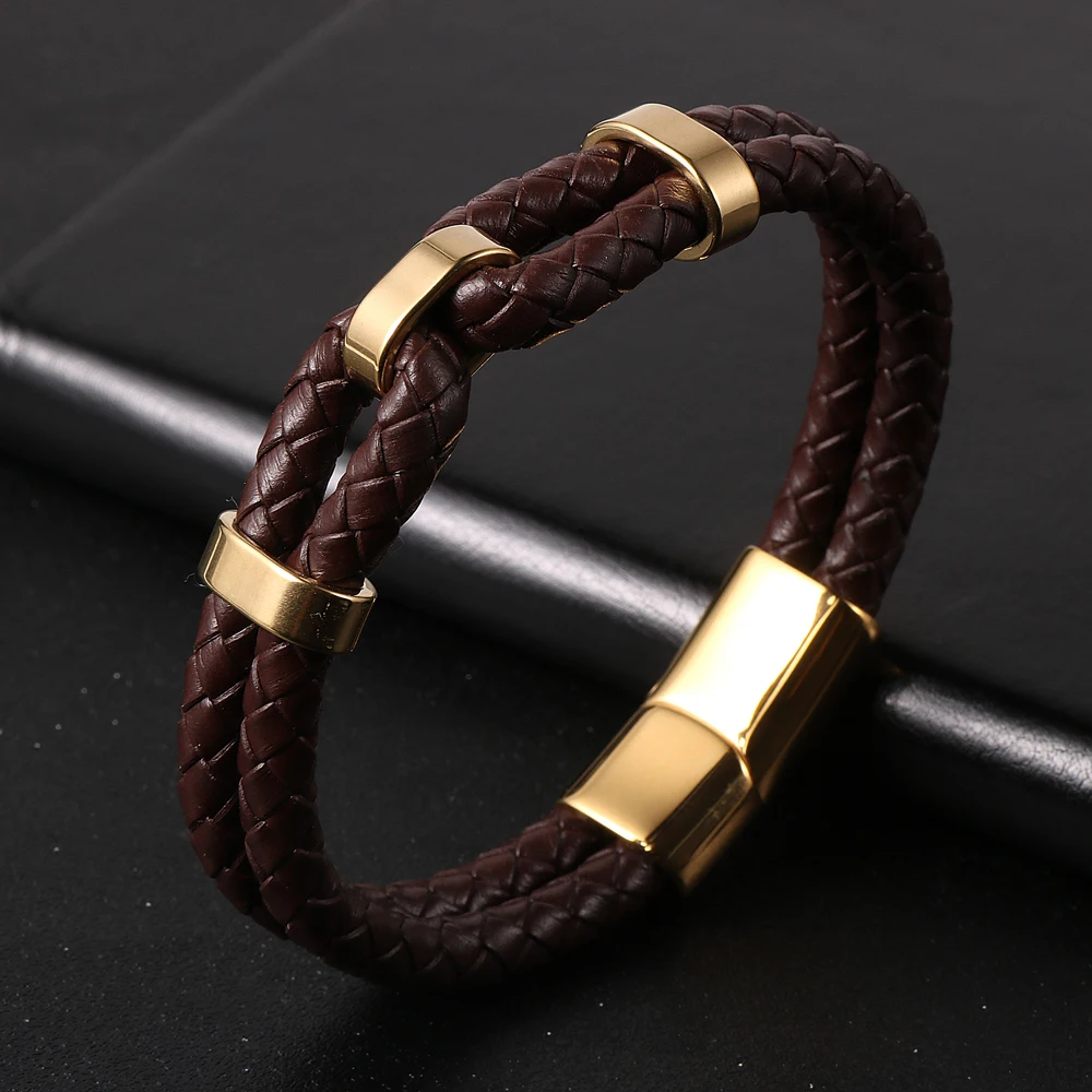 Nabset Double Layer Briaded Genuine Leather Bracelet for Men Brown Black Bracelets Stainless Steel Charm Magnetic Buckle Bangle