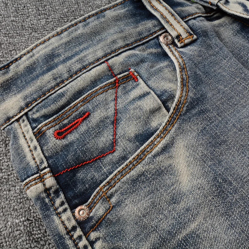 Streetwear Fashion Men Jeans Retro Gray Blue Elastic Slim Fit Ripped Jeans Men Embroidery Designer Vintage Denim Pants Hombre