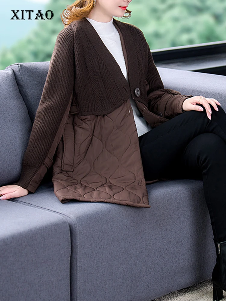 

XITAO V-neck Patchwork Trench Loose Single Breasted Full Sleeve Personality 2022 Winter All-match Temperament Coat FBB1618