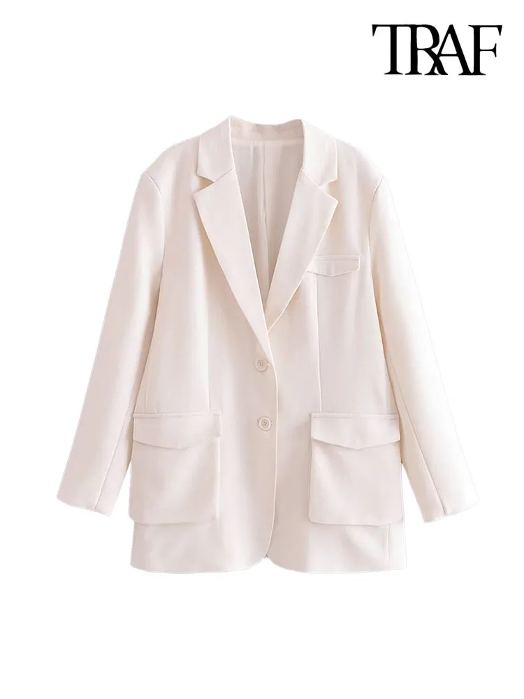 

TRAF Women With Patch Pockets Blazer Coat Vintage Long Sleeve Front Button Female Outerwear Chic Clothing