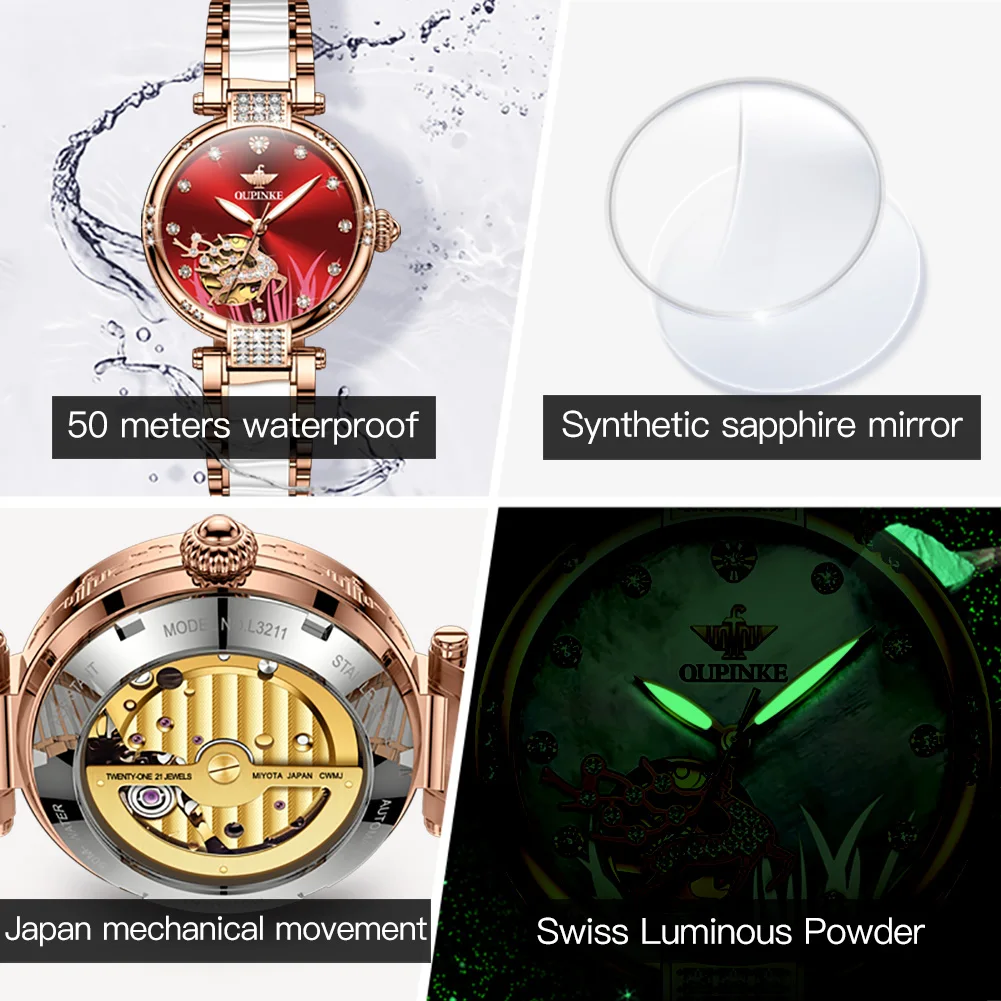 OUPINKE Top Automatic Women Watches Swiss Luminous Luxury Waterproof Sapphire Crystal Ceramic Ladies Wristwatch Bracelet Set enlarge