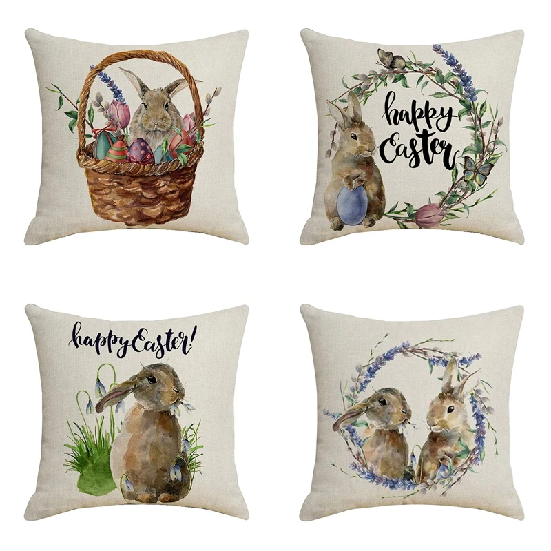 

18X18 Inch Set Of 4 Easter Pillow Covers Rabbit Bunny Throw Cushion Cover Happy Easter Spring Decorations Home Sofa Bed
