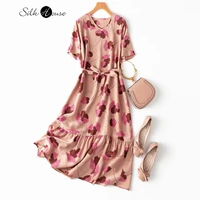 summer fashion natural mulberry silk crepe de chine new party dress meat pink artistic feeling loose and thin ruffle hem v neck