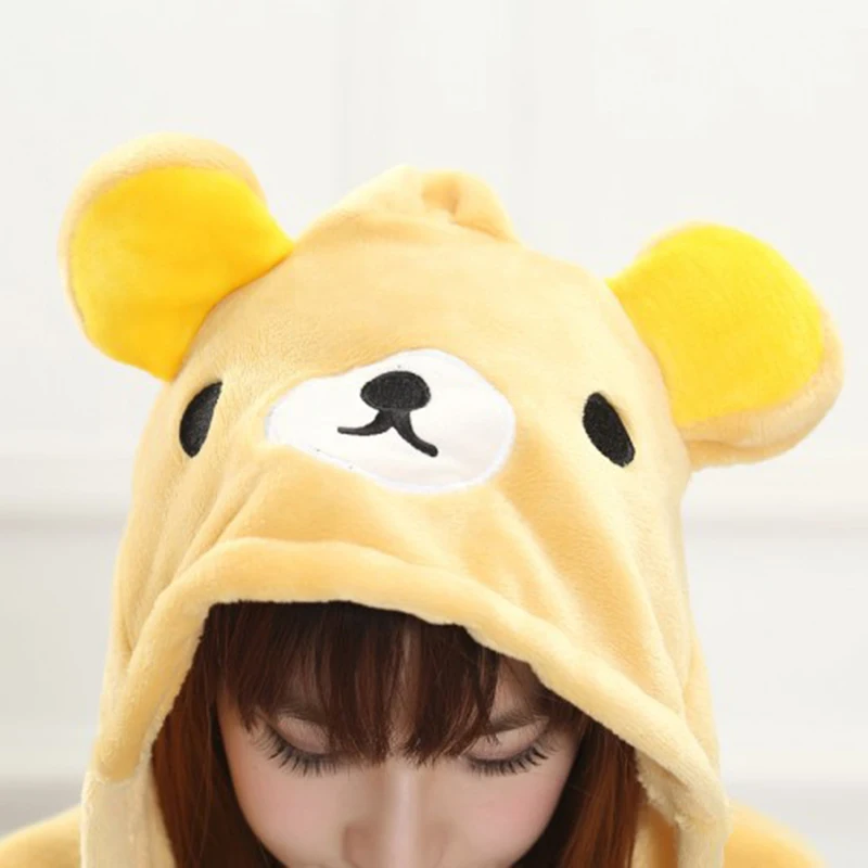 Unisex Winter One-Piece Cartoon Bear Pajamas With Two Round Ears Polyester Warm Length To The Floor Cute Sleepwear Cosplay