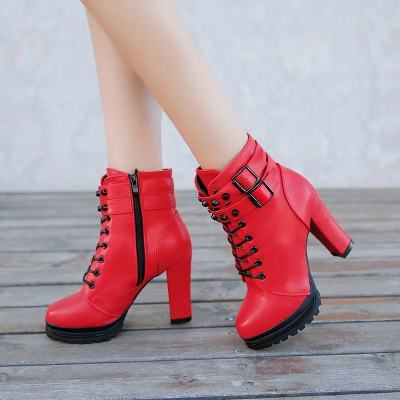 

Women Motorcycle Boots New Female Fashion Woman's 11cm High Heel Mature Boots Flat Vintage Buckle Casual Lady Boots