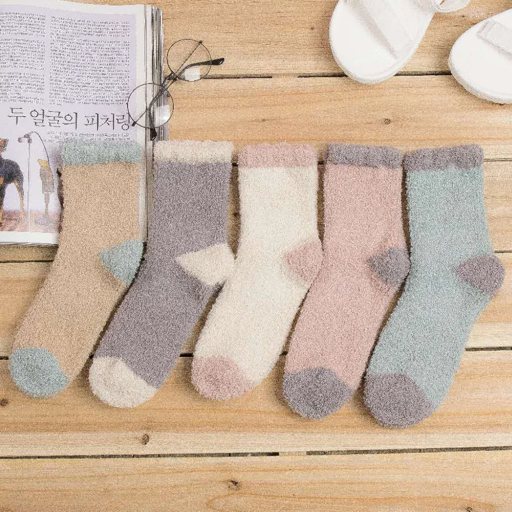 5 Pairs Warm Women Coral Fleece Socks Ladies Thickened Sleep Floor Socks Pure Color Mid-tube Casual Women Socks