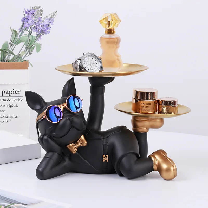 

French Bulldog Animal Figurines Cool Dog Statue With 2 Metal Tray Sculpture Living Room Bedroom Home Interior Decor Accessories