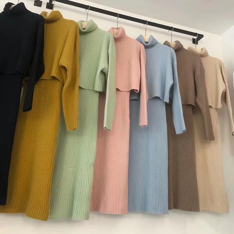 

Осенний женский свитер из двух частей облегающее трикотажное платье в рубчик Водолазка с длинным рукавом вязаный свитер зимний женский пуловер