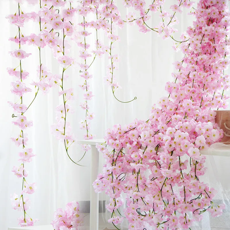 230cm Pink Cherry Blossom Silk Artificial Vine Sakura Hanging Flowers For Wedding Wall Decoration Fake Leavse Garland Wreath