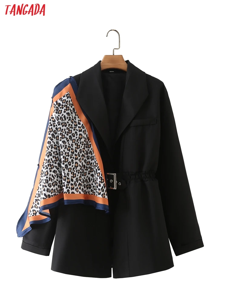 

Tangada Women with Scarf Blazer Belt Female Long Sleeve Elegant Jacket Ladies Work Wear Blazer Suits DA135