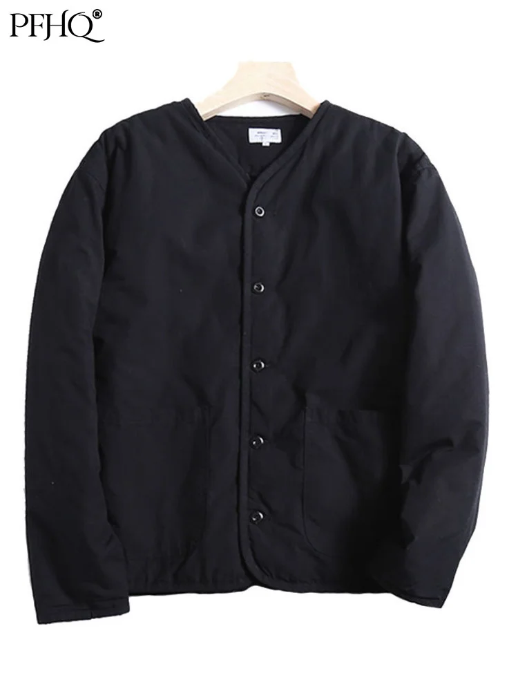 

PFHQ 2022 Autumn New Trendy Japanese Vintage Collarless Jacket Fashion Mens Simple Thin Cotton Coat High Quality Clothes 21Q1971