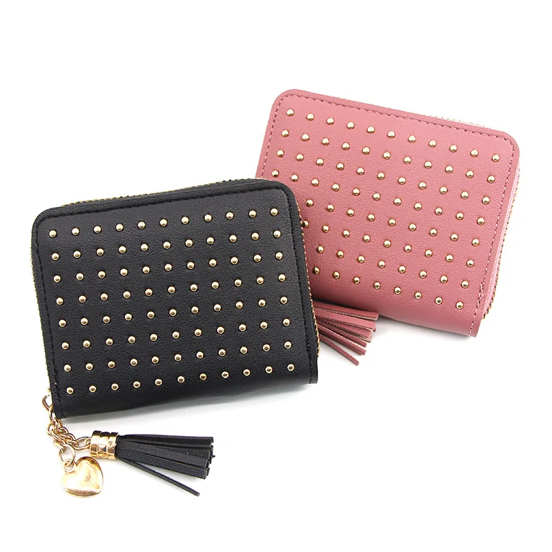 

Women's Zipper Wallet Ladies Rivet Short Pu Leather Coin Purse Female Tassel Small Money Bag Card Holder Mini Wallet for Girl