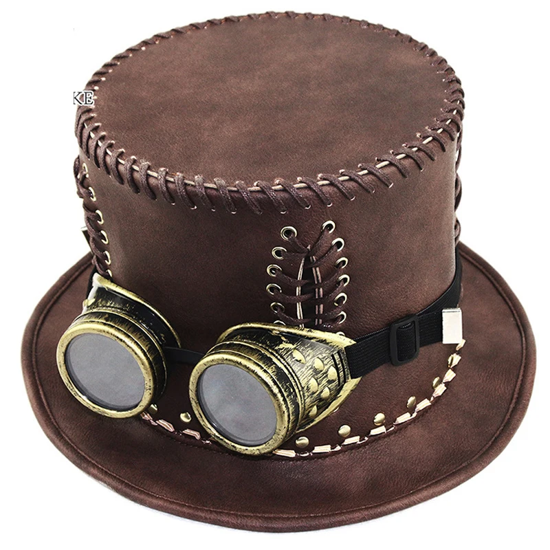 Leatherette Unisex Steampunk Top Hats ,16cm Halloween Cosplay Dress Party Hat With Goggles For Men Women