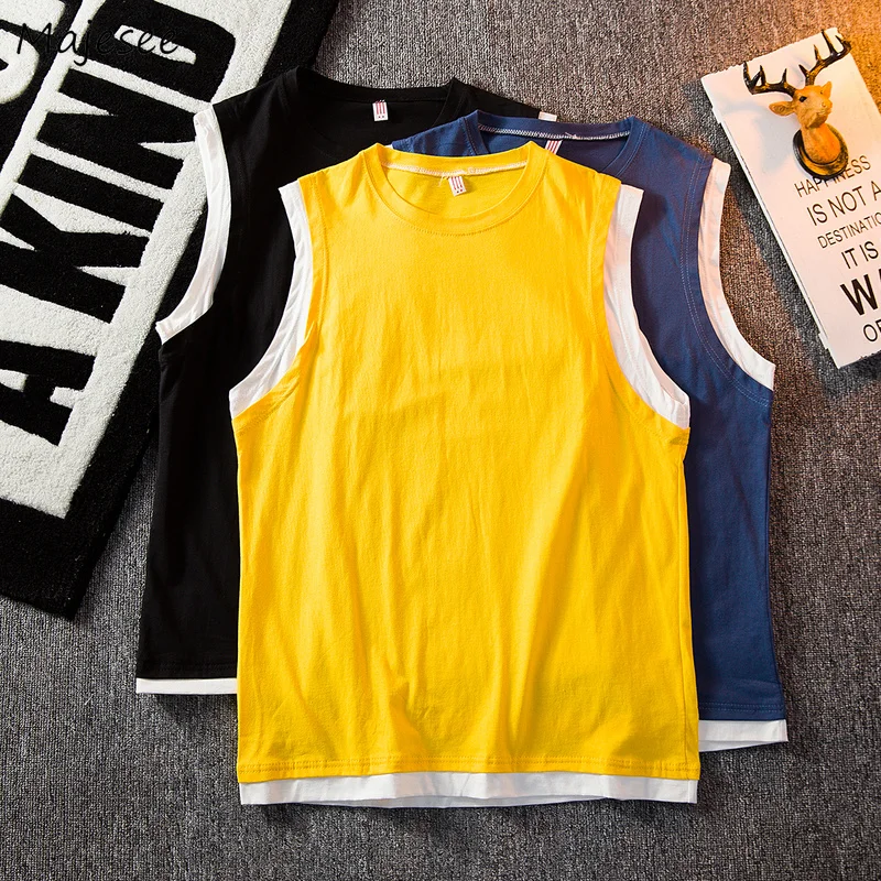 

Tanks Tops Men Summer Ins Fake Tow Piece Japanese Sleeveless All-match Breathable Dynamic Handsome Korean Teens Streetwear Ins