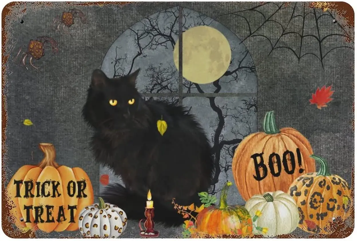 

Halloween Metal Tin Sign Halloween Trick or Treat Boo Vintage Black Cat Sign Pumpkin for Yard Party House Home Business