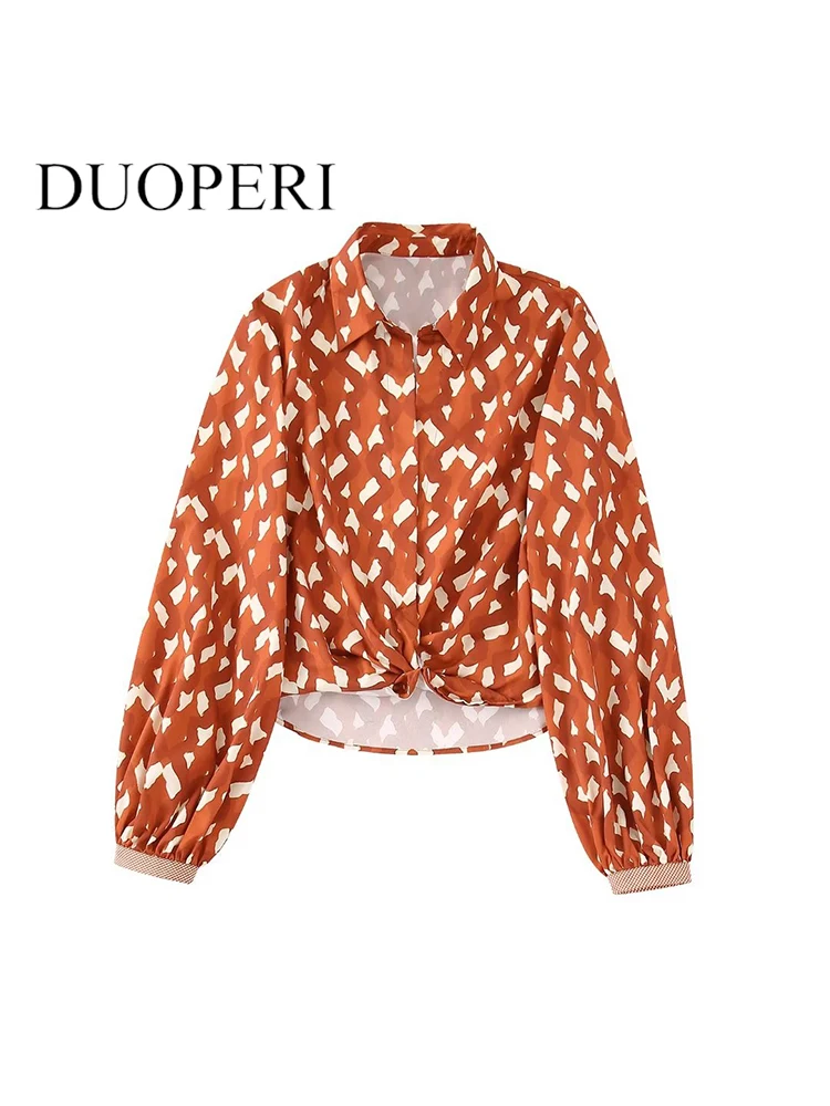 

DUOPERI Women Fashion Printed Cropped Blouse With Knot Vintage Side Zipper V-Neck Long Sleeves Female Chic Shirts Outfits