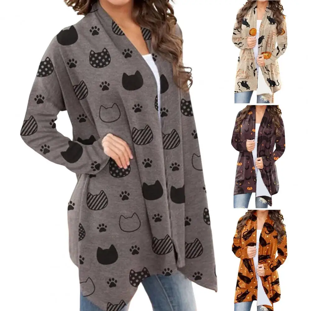 

Женское пальто для Хэллоуина, кардиган средней длины с длинными рукавами, страшная Повседневная куртка с мультяшным принтом тыквы и летучей мыши для Хэллоуина, повседневная одежда