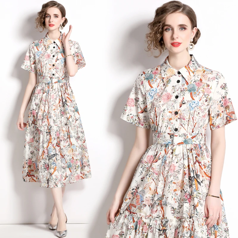 

Women's Summer New Korean High-end Style Polo Neck Short Sleeve Single Breasted Lace Up Slim Simple Ink Print Shirt Dress