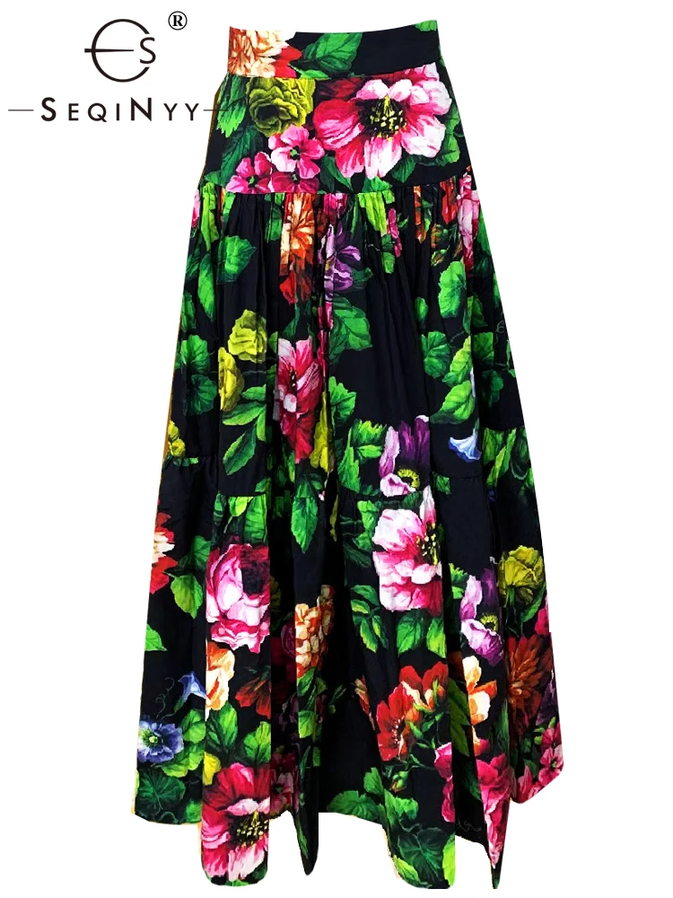SEQINYY 100% Cotton Long Skirt Spring Summer New Fashion Design Women Runway High Quality Vintage Flowers Sicily Print A-Line