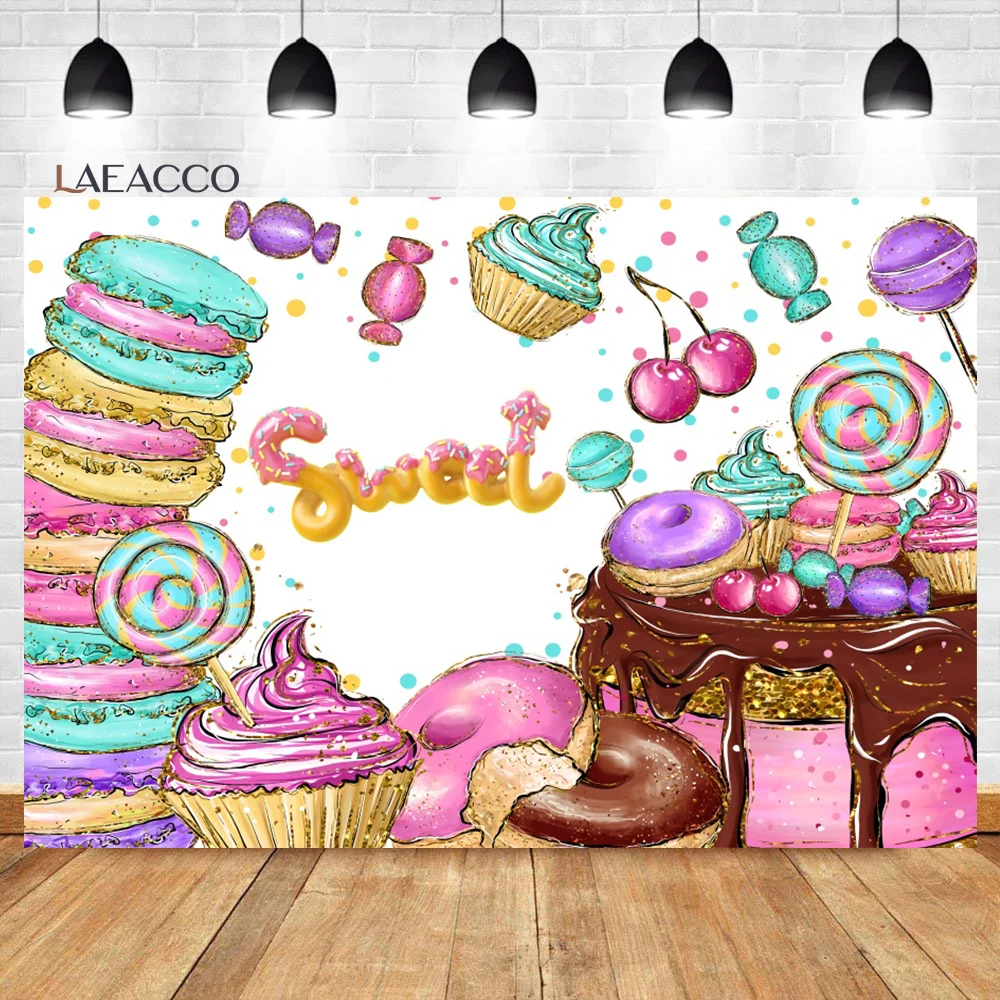 

Laeacco Ice Cream Lollipop Donut Dessert Backdrop Girl Sweet Birthday Baby Shower Kid Portrait Customized Photography Background