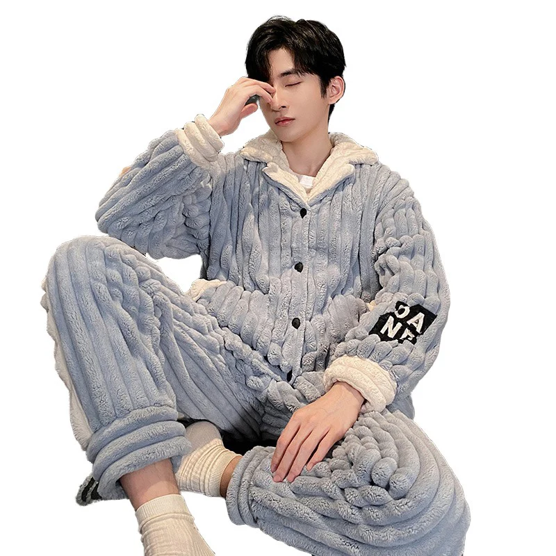 QUHENG Pajama Set Male Thicken Warm Flannel Long Sleeved Cartoon Men Winter Leisure Loose Home Cloth Autumn Loose Men Sleepwear