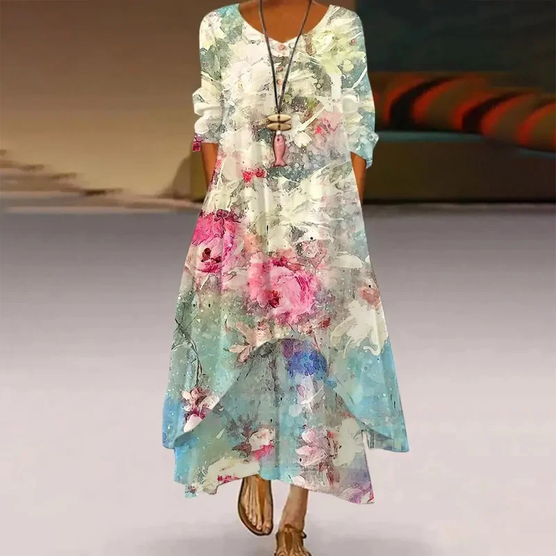 Женское винтажное платье с цветочным принтом повседневное свободное макси