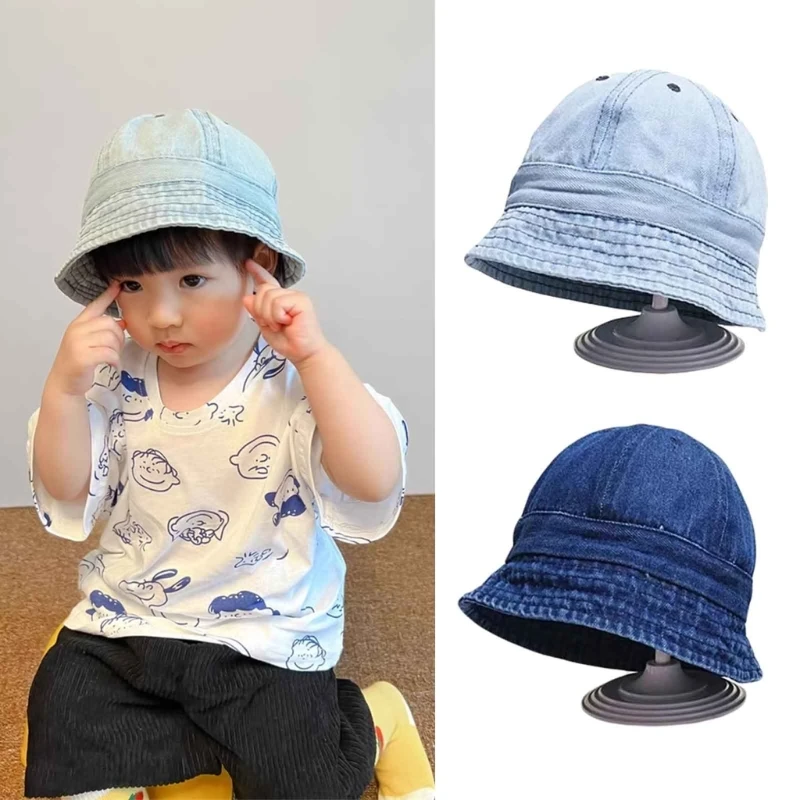

Denim Hats Foldable Bucket Cap Kids Hat Toddler Infant Sun Protection Caps Fisherman Hat Windproof Strap Boys Girls Sunshade Hat