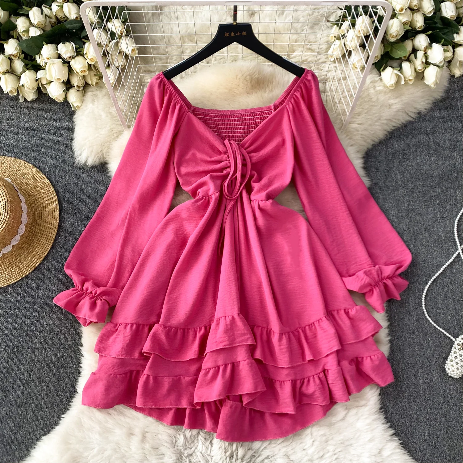

Summer Elegant Knee Dress for Women Long Sleeve Flared Ruffle Hem Dresses Off the Shoulder Beach Vacation Short Vestidos New In