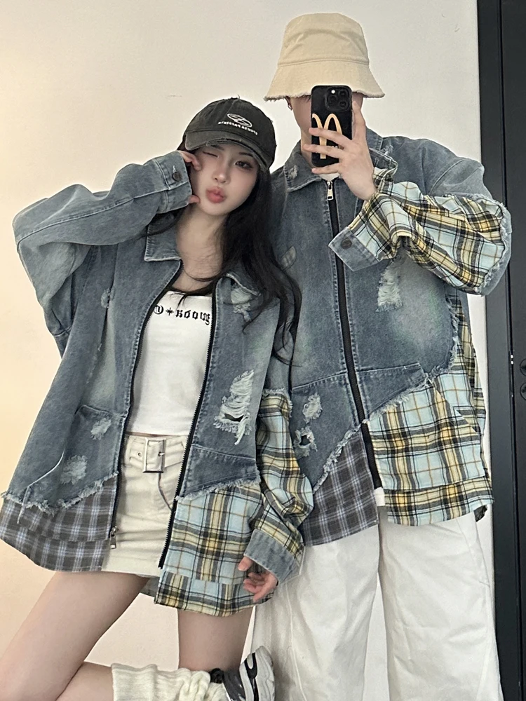 Американский винтажный модный бренд в стиле пэчворк рваные джинсы куртка дизайн