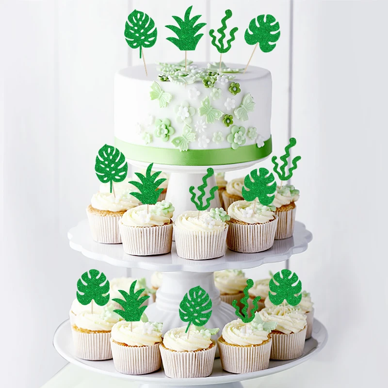 

12/24pcs Glittering Cupcake Top Per Turtle Back Leaf Palm Leaf Hawaiian Party Tropical Jungle Party Cake Decoration Accessories