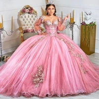 pink beaded ball gown quinceanera dresses sequined sweetheart neck long sleeves prom gowns appliqued sweet 15 masquerade