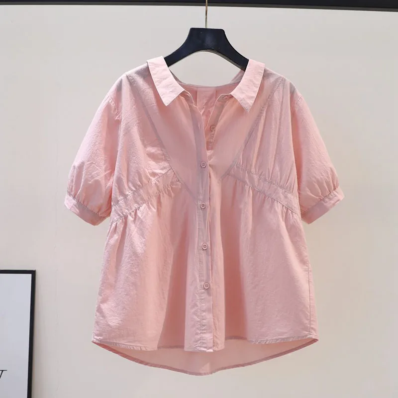 off-Shoulder Lapel Short Sleeve Cotton Shirt Female Pink Loose 2025 Summer Patchwork Waist Trimming Versatile Tops Tide |