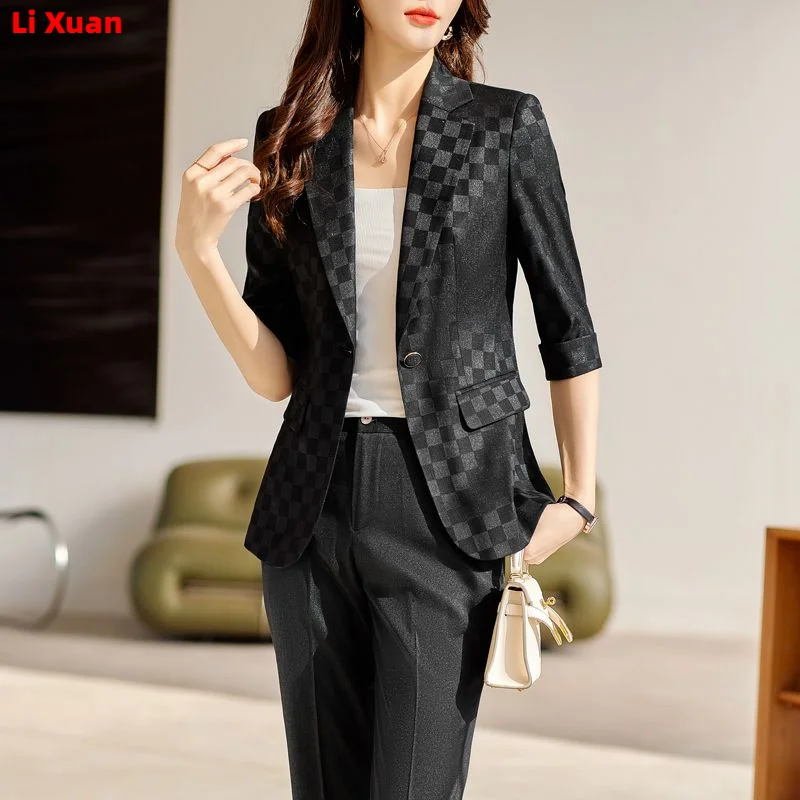 2023 Spring Suit Elegant Women Office Trousers Outfits Slim Print Plaid Casual Blazer Jackets  Pants Korean Femme 2 Piece Sets