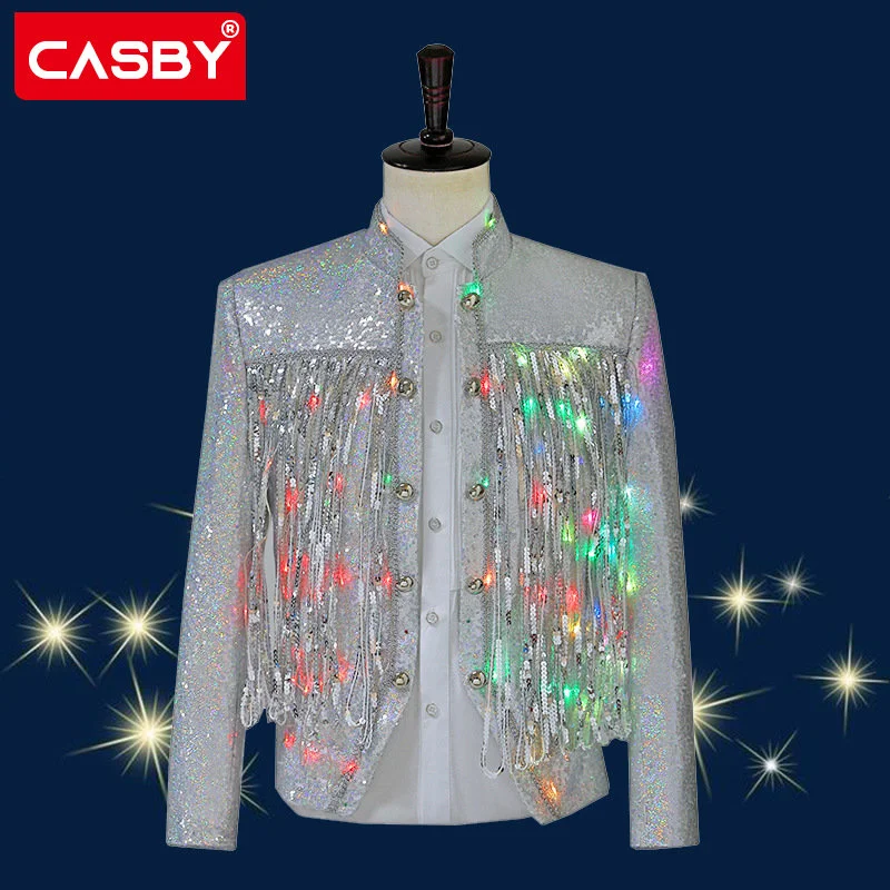 

White Tassel Sequins Glitter Blazer Jacket Men Stand Collar Palace Flower Embroidery Mens Blazers Singer DJ Prom Stage Costume