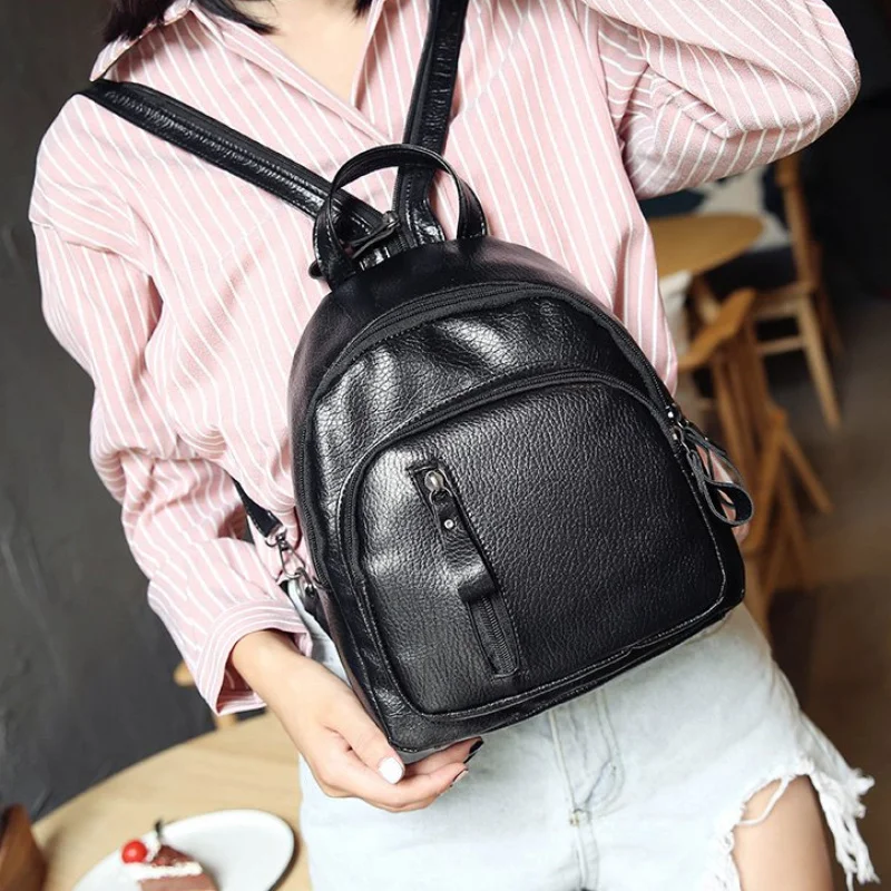 

Simple women's backpack female pu leather school bag girl casual zipper shoulder bag solid color pu leather backpack travel