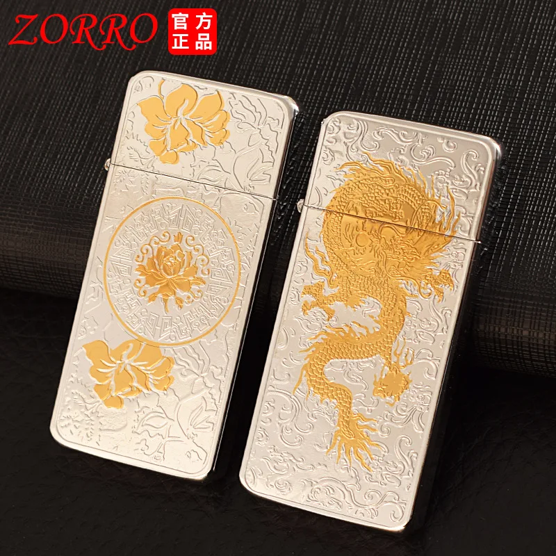 

ZORRO Chinese TangCao Retro Ultra-thin Ancient Silver Grinding Wheel Portable Kerosene Lighter Smoking Accessories Gadgets