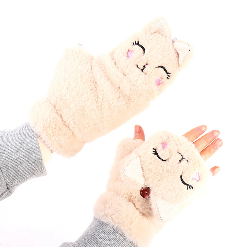 

Cute Cat Bear Rabbit Fur Mittens Women Winter Gloves for Women Girls Animal Ear Flip Plush Glove Fingerless Thicken Warm Mitten