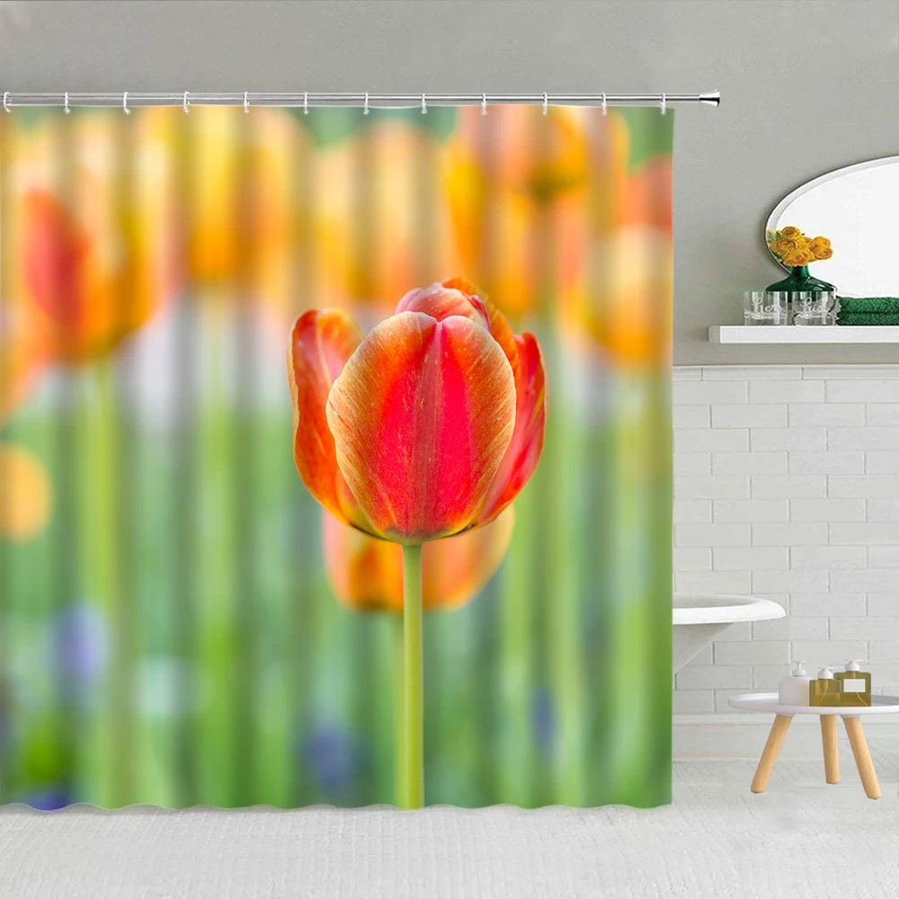 

Spring Rose Tulip Bathroom Cloth Curtains Set Waterproof Polyester Home Bathtub Flowers Shower Curtain Decor With Hooks Cheap
